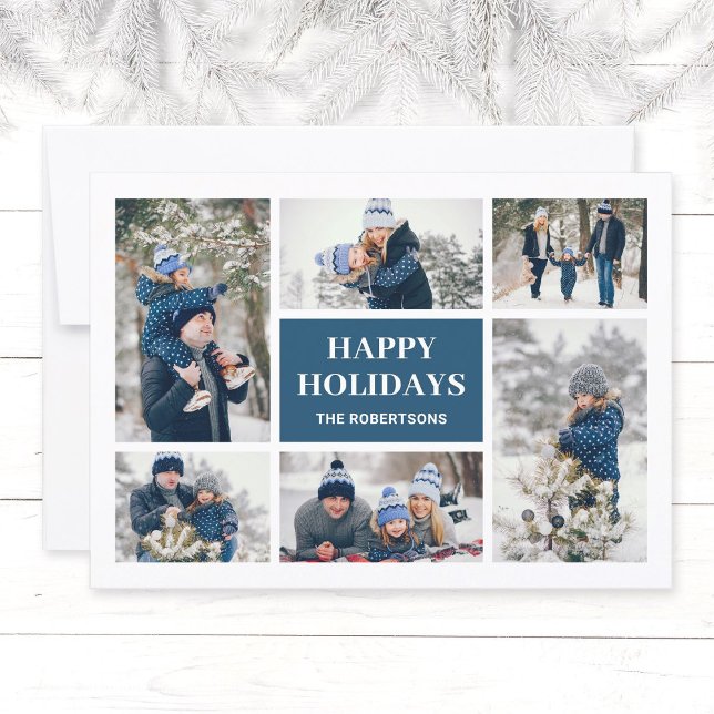 Moderne Minimalistische Aquamarine Weihnachtskarte (Modern, elegant family in winter photo collage Christmas greeting card in teal blue, Happy Holidays.)