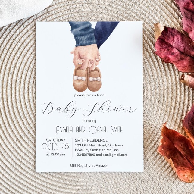 Moderne, minimalistische Babyschuhdusche Einladung (Modern minimalist baby shoe parents holding hands baby shower template invitation instant download)