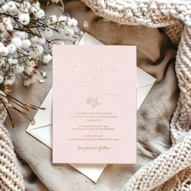 Moderne Minimalistische Beige Rose Gold Line Hochz Folieneinladung (beige background modern minimalist wedding invitation card with rose gold foil lettering  )