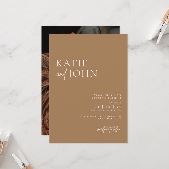 Moderne Minimalistische Beige Tan Boho Wedding Einladung (Vorderseite/Rückseite Beispiel)