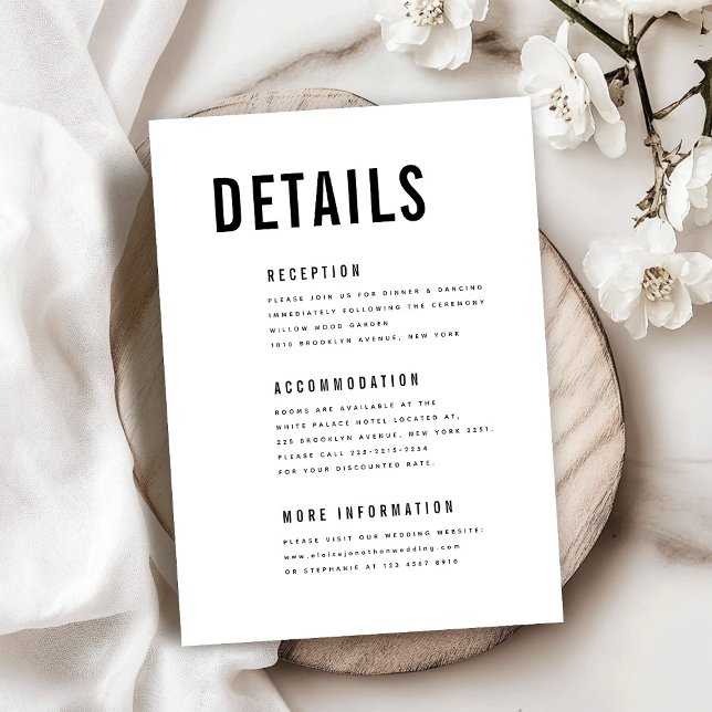 Moderne Minimalistische Big Bold Monogram Chic Det Begleitkarte (Modern Minimalist Big Bold Monogram Chic classic wedding Details Enclosure Card)
