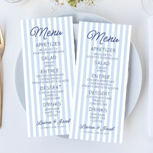 Moderne Minimalistische Blaue Streifen Hochzeit Menükarte