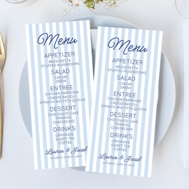 Moderne Minimalistische Blaue Streifen Hochzeit Menükarte (Von Creator hochgeladen)