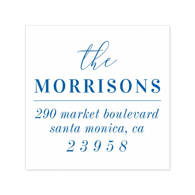 Moderne Minimalistische Blue Family Name Rücksende Permastempel (Design)