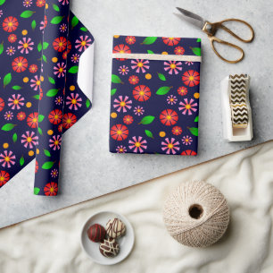 Moderne minimalistische Blumenmuster dunkelblau Geschenkpapier