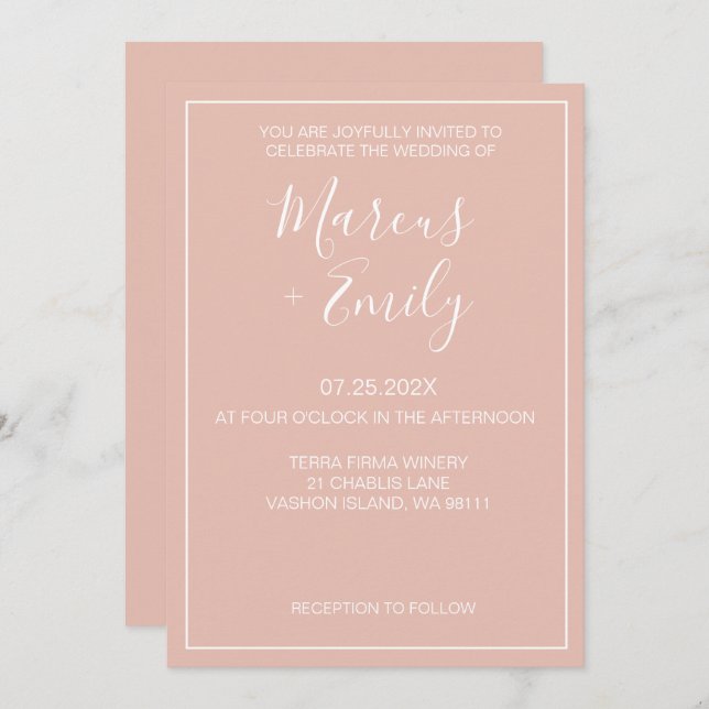 Moderne Minimalistische Blush & White Wedding Einladung (Vorne/Hinten)