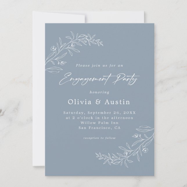 Moderne Minimalistische Boho Dusty Blue Engagement Einladung (Vorderseite)