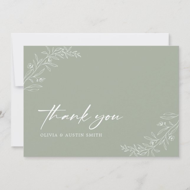 Moderne Minimalistische Boho Sage Green Wedding Dankeskarte (Vorderseite)