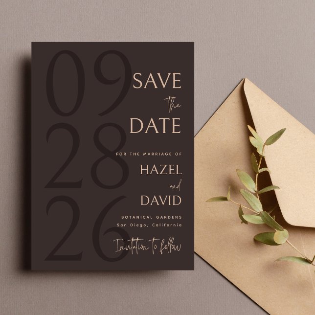 Moderne Minimalistische Braune Hochzeit Save The Date (Modern brown minimalist save the date announces your wedding with a warm, elegant tone.)