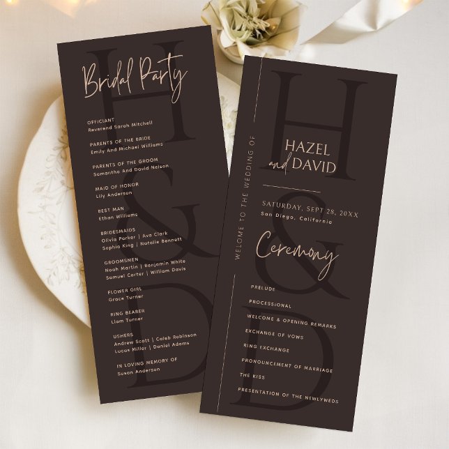 Moderne Minimalistische Braune Monogramm-Hochzeit Programm (Modern minimalist brown monogram wedding program adds a warm, elegant touch to your ceremony.)