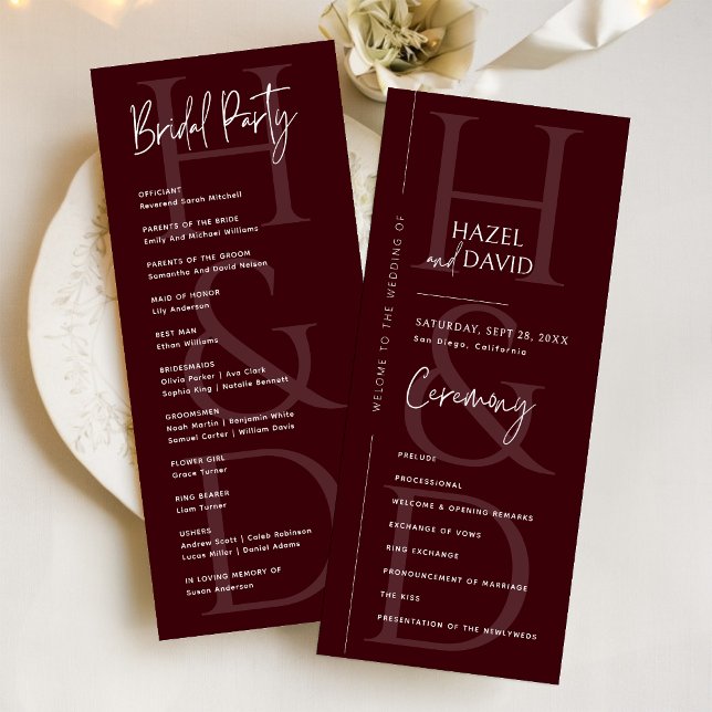 Moderne Minimalistische Burgunder Monogramm Hochze Programm (Modern minimalist burgundy monogram program adds a rich, elegant touch to your ceremony.)