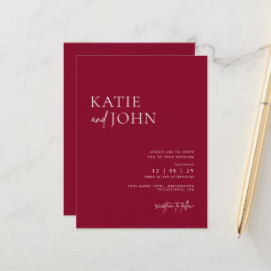 Moderne Minimalistische Burgundy Red Wedding Ankündigungspostkarte