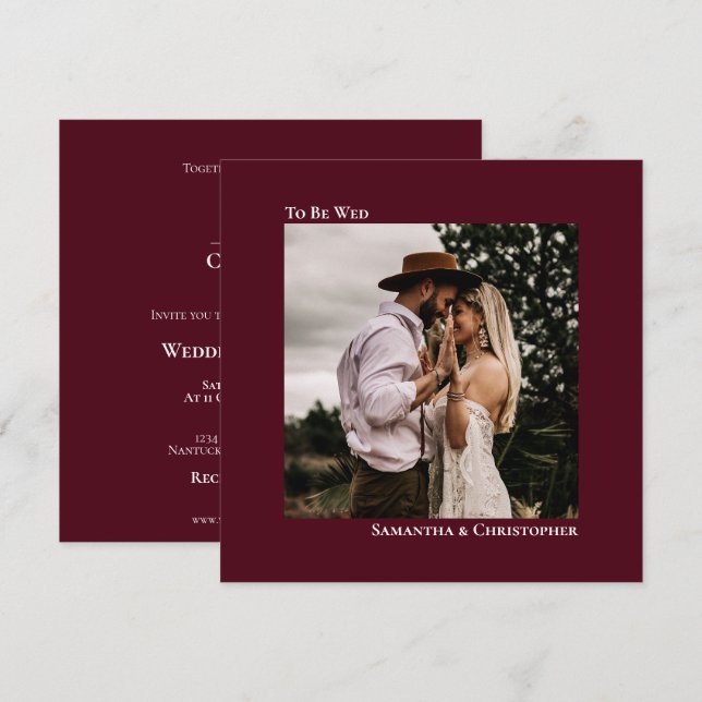 Moderne Minimalistische Burgundy Square Foto Weddi Einladung (Vorne/Hinten)