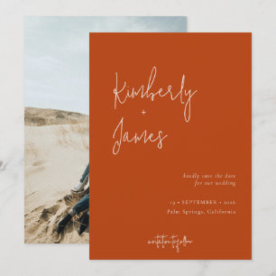 Moderne Minimalistische Burnt Orange Script Hochze Save The Date