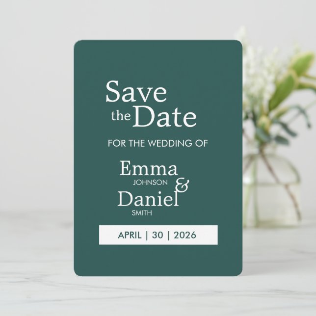 Moderne minimalistische dunkelgrüne Save-the-Date- Save The Date (Stehend Vorderseite)