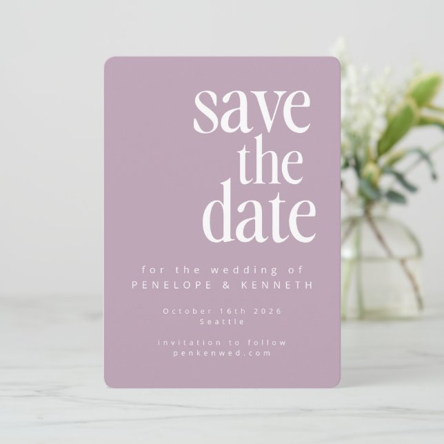 Moderne Minimalistische Dusty Lilac Simple Bold We Save The Date (Stehend Vorderseite)