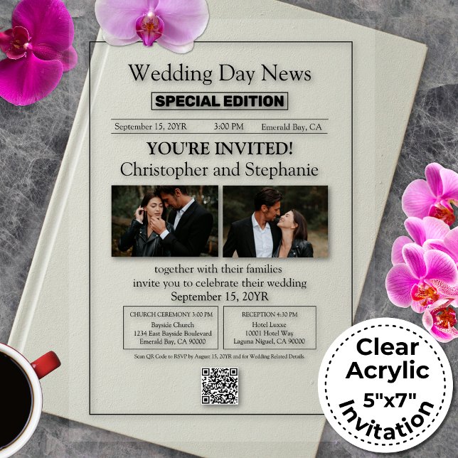 Moderne Minimalistische Editable Chic Newspaping W Acryleinladungen (Personalizable Unique Chic Modern Typography Wedding Invitation)