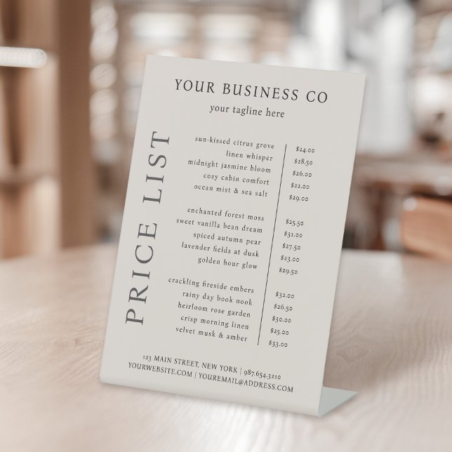 Moderne Minimalistische, elegante Beige-Preisliste Sockelschild (Von Creator hochgeladen)