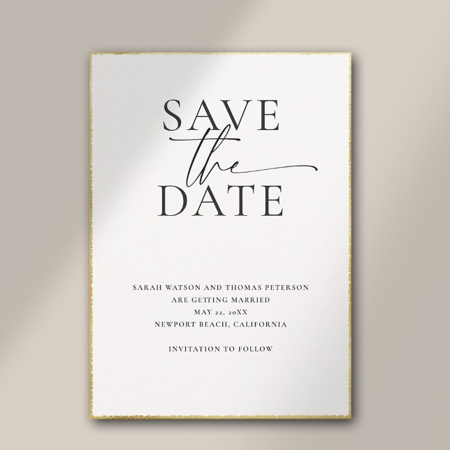 Moderne Minimalistische, elegante Goldhochzeit Save The Date (modern minimalist simple wedding save the date typography calligraphy black white faux gold template)