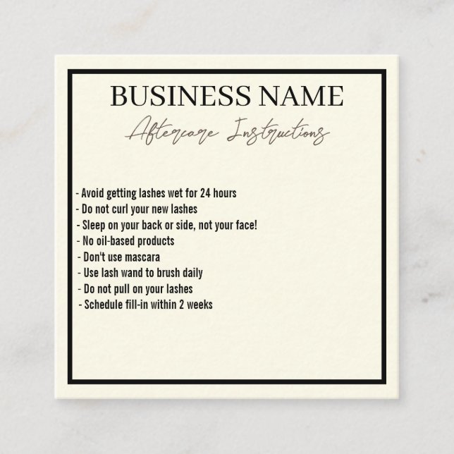Moderne Minimalistische Eyelashes Aftercare Card Quadratische Visitenkarte (Vorderseite)