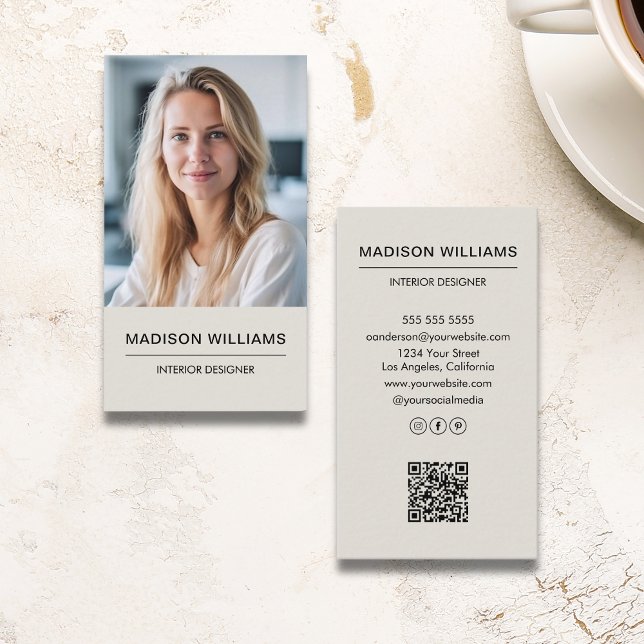 Moderne Minimalistische Foto QR Social Media Visitenkarte (Modern Minimalist Photo QR Social Media Business Card)