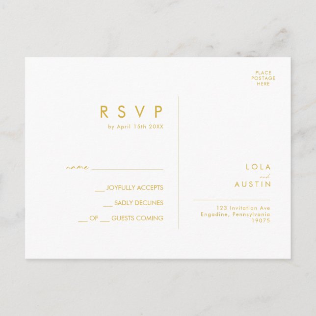 Moderne Minimalistische Gold Schriftart Wedding RS Postkarte (Rückseite)