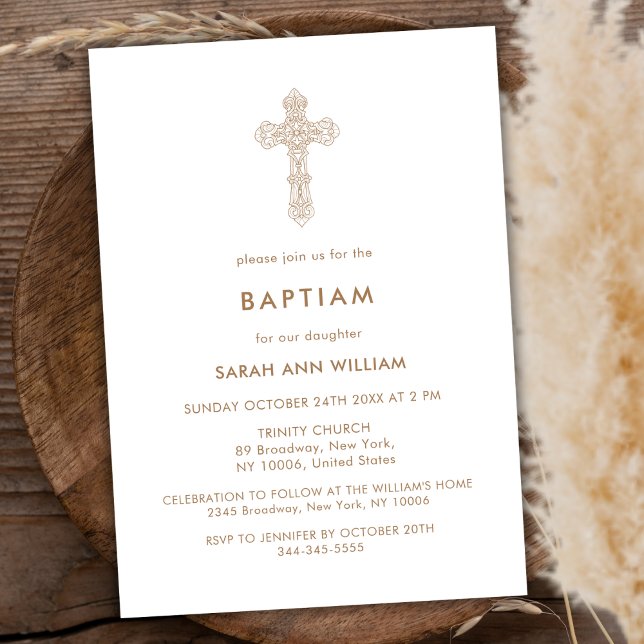 Moderne Minimalistische Goldtypografie Einladung (Modern Minimalist Gold Typography Cross Baptism Invitation)