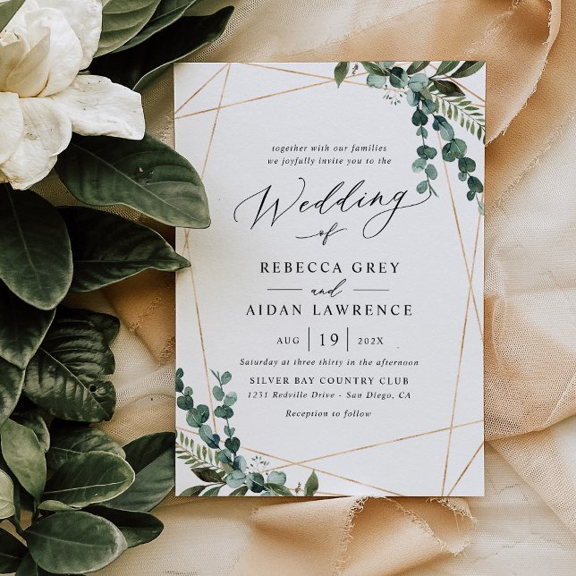 Moderne Minimalistische Greenery Gold Wedding Einladung (Von Creator hochgeladen)