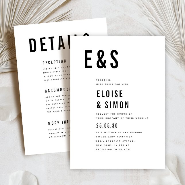 Moderne Minimalistische Groß-Fett-Monogramm-Detail Einladung (Modern minimalist bold initials typography  details wedding invitation)