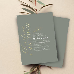 Moderne minimalistische Grüne-Salbei-Hochzeit Gold Folieneinladung