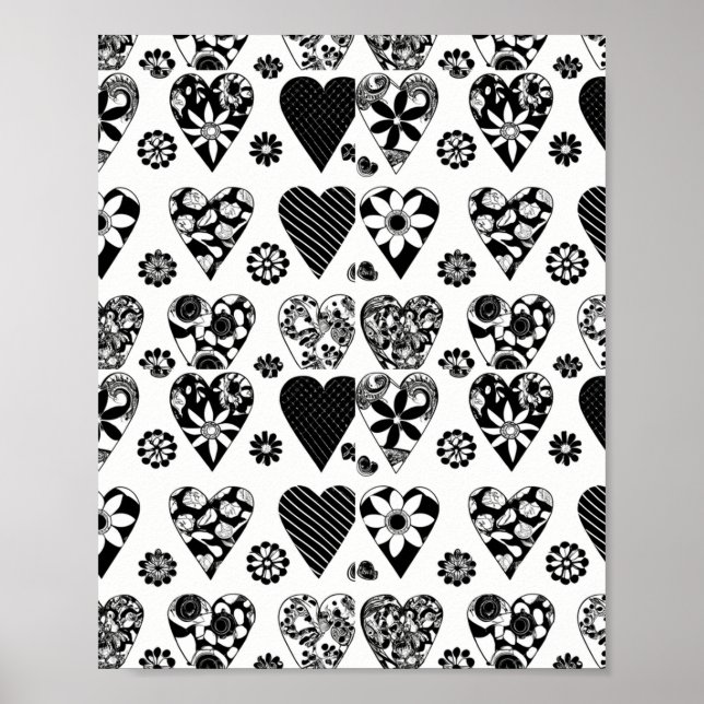 Moderne Minimalistische Herzen & Blume Schwarz & W Poster (Vorne)