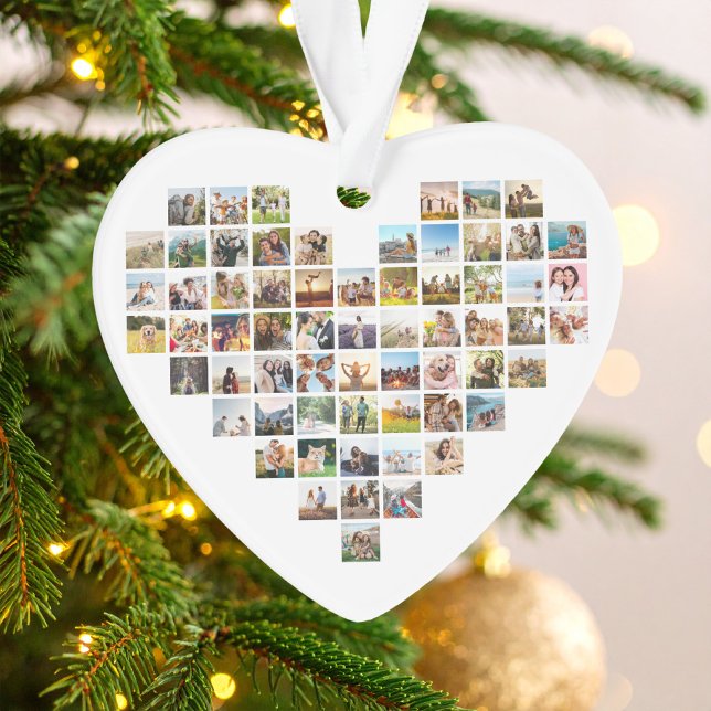 Moderne Minimalistische Herzklopfen Ornament (Heart shaped photo collage acrylic ornament on Christmas tree)