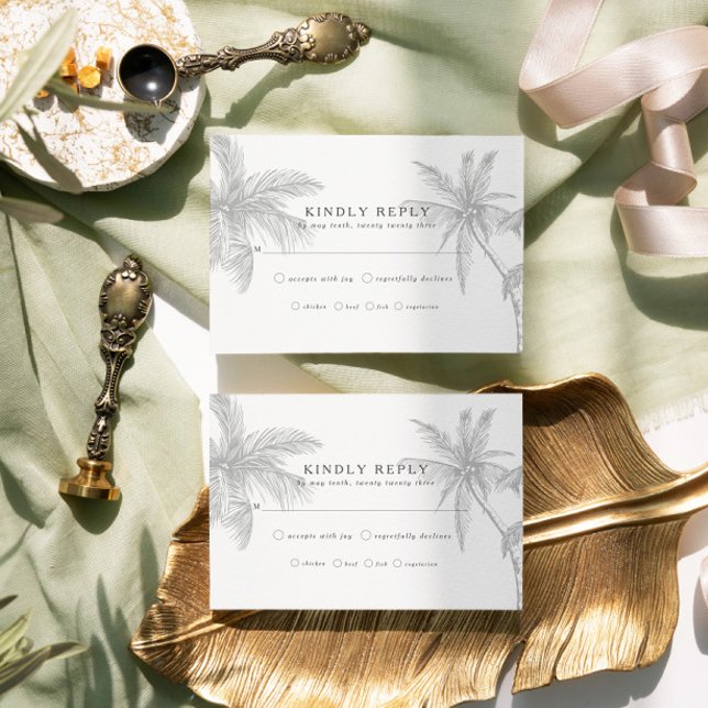 Moderne Minimalistische Hochzeit am tropischen Str RSVP Karte (Fully customizable tropical wedding RSVP cards - pairs perfectly with our PALM DREAMS collection.)