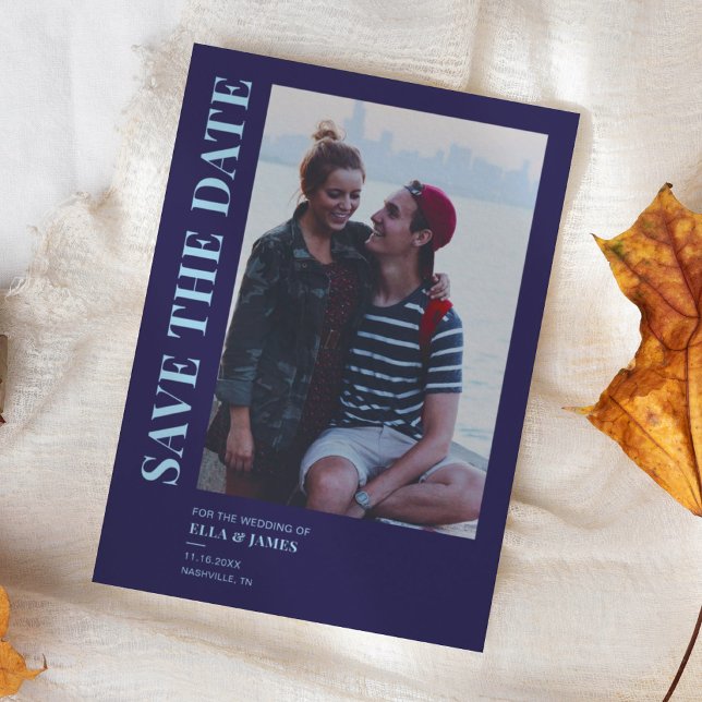 Moderne Minimalistische Hochzeit des Fotos Navy Bl Save The Date (Von Creator hochgeladen)