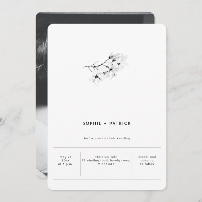 Moderne Minimalistische Hochzeit im Foto Magnolias Einladung (Vorne/Hinten)