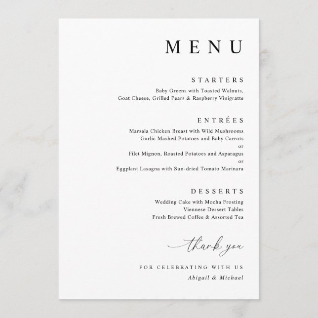 Moderne Minimalistische Hochzeit in Schwarz und We Menükarte (Vorderseite)