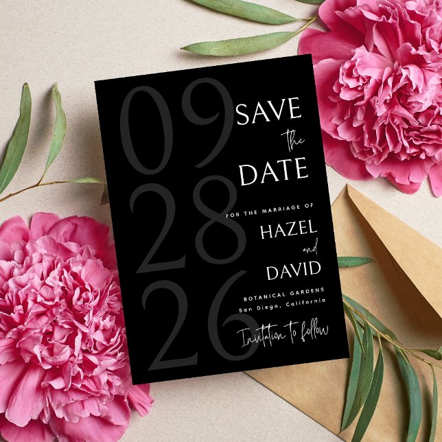 Moderne minimalistische Hochzeit in Schwarz und We Save The Date (Modern black and white minimalist save the date announces your wedding with sleek elegance.)