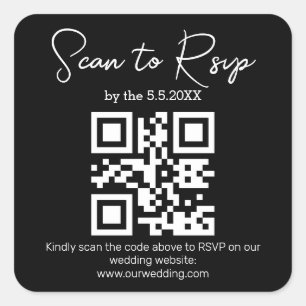 Moderne Minimalistische Hochzeit RSVP QR-Code Schw Quadratischer Aufkleber