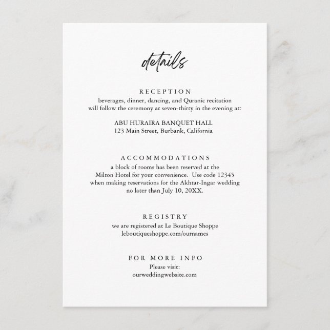 Moderne minimalistische Hochzeitdetails Begleitkarte (Vorderseite)