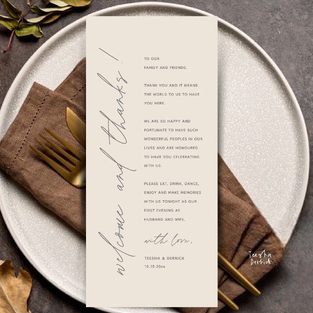 Moderne Minimalistische Hochzeitsempfangs-Dankeska Programm (Modern Minimalist Wedding Reception Dinner Thank You Card in Cream Grey)