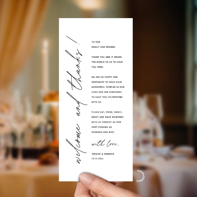 Moderne Minimalistische Hochzeitsempfangs-Dankeska Programm (Modern Minimalist Wedding Reception Dinner Thank You Card in Black and White)