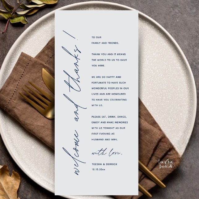 Moderne Minimalistische Hochzeitsempfangs-Dankeska Programm (Modern Minimalist Wedding Reception Dinner Thank You Card in navy blue and grey tones)