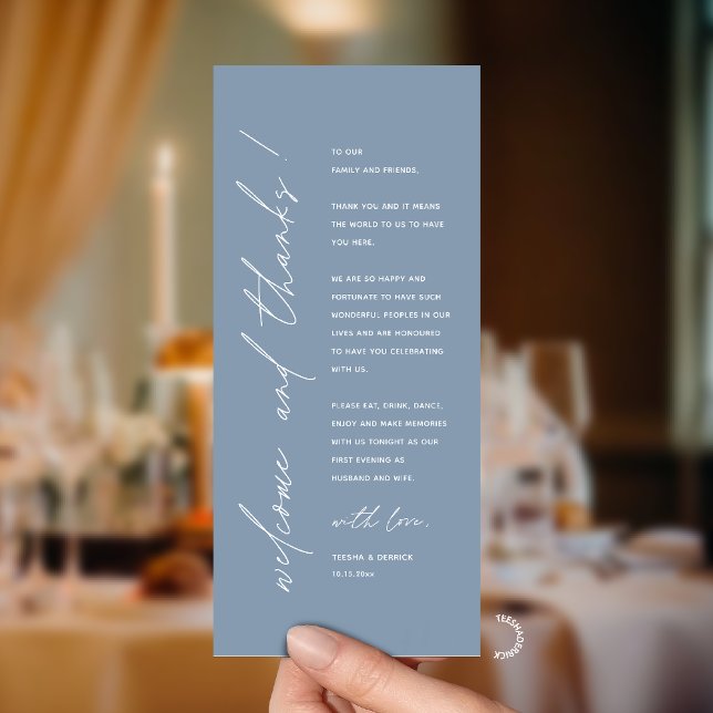 Moderne Minimalistische Hochzeitsempfangs-Dankeska Programm (Modern Minimalist Wedding Reception Dinner Thank You Card in dusty blue)