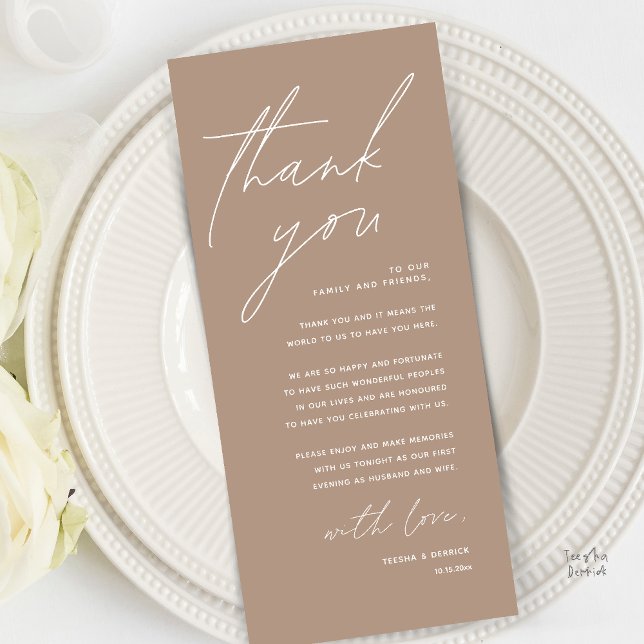 Moderne Minimalistische Hochzeitsempfangs-Dankeska Programm (Modern Minimal Wedding Reception Dinner Brunch Lunch Thank You Card in Warm Taupe Brown)