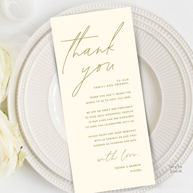 Moderne Minimalistische Hochzeitsempfangs-Dankeska Programm (Modern Minimal Wedding Reception Dinner Brunch Lunch Thank You Card in Yellow Gold)