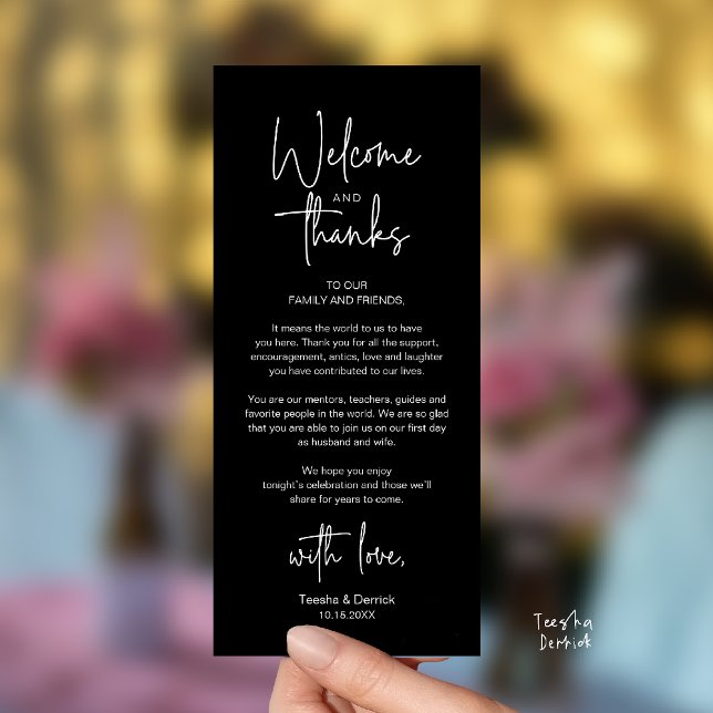 Moderne minimalistische Hochzeitsempfangs-Dankeska Programm (Modern Minimalist Wedding Reception Thank You Dinner Lunch Brunch Party Card in Black and White)