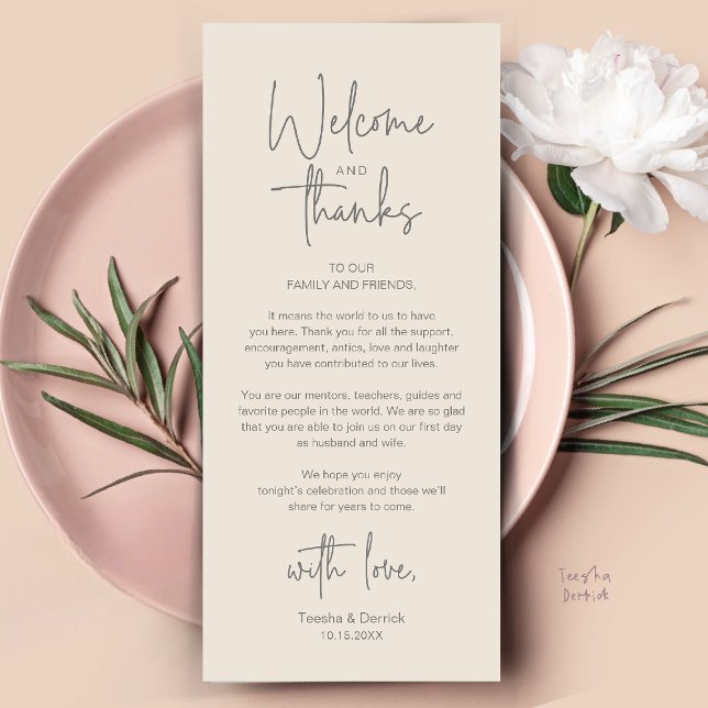 Moderne minimalistische Hochzeitsempfangs-Dankeska Programm (Modern Minimalist Wedding Reception Thank You Dinner Lunch Brunch Party Card in Cream Grey)