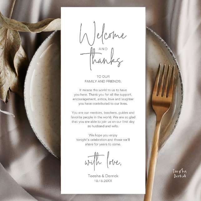 Moderne minimalistische Hochzeitsempfangs-Dankeska Programm (Modern Minimalist Wedding Reception Thank You Dinner Lunch Brunch Party Card in Dark Grey)