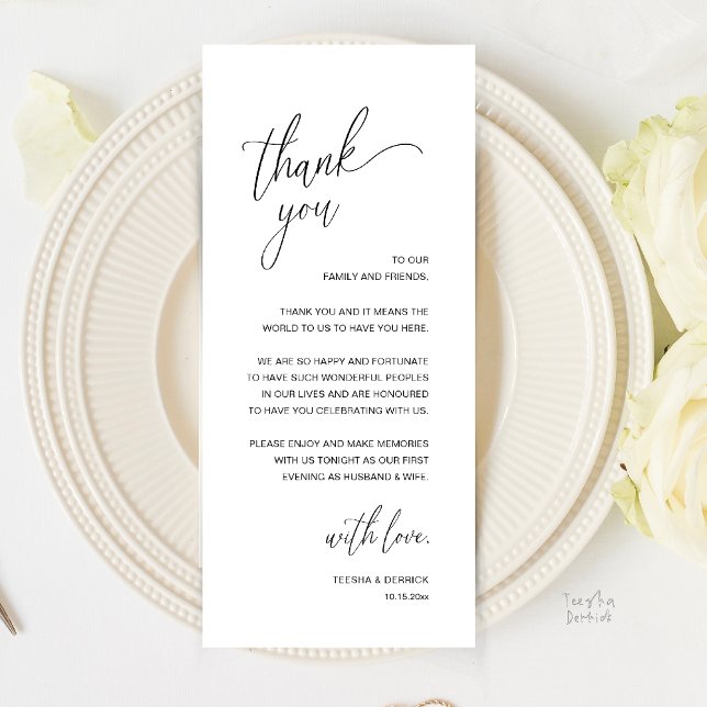 Moderne minimalistische Hochzeitsempfangs-Dankeska Programm (Modern Minimalist Wedding Reception Thank You Card in Classy Black and White)