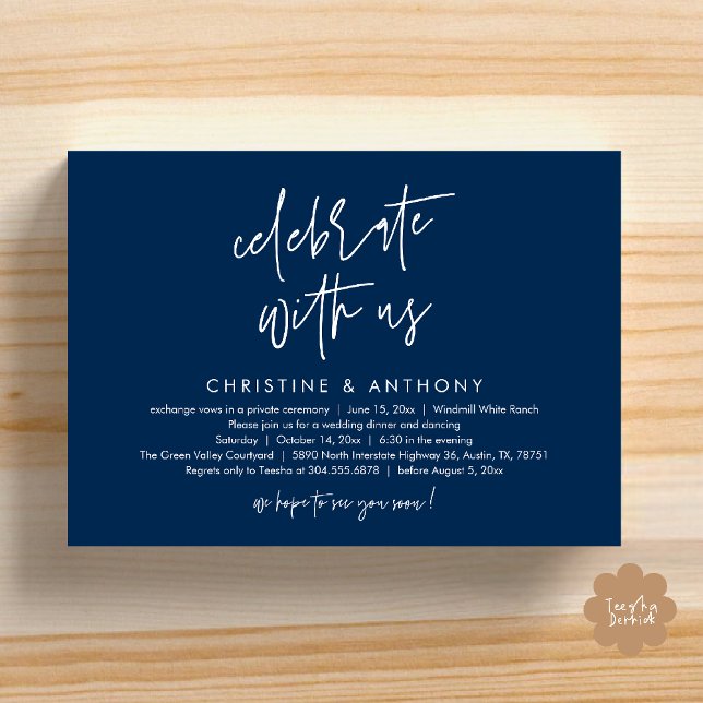 Moderne minimalistische Hochzeitsempfangs-Dinner Einladung (Modern Minimalist Wedding Reception Dinner Invitation Card, Celebrate with us, in Navy Blue)
